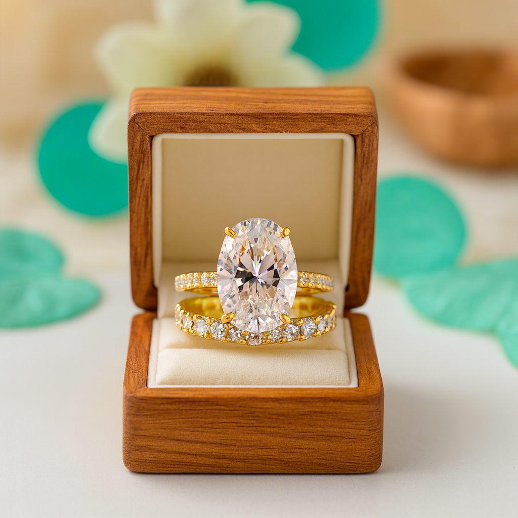 Gold ring with a large diamond in a wooden box on a decorative background