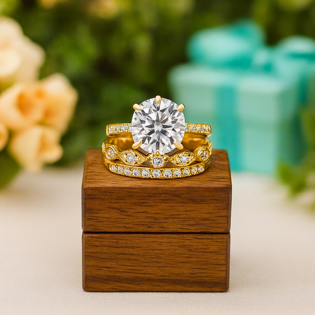 Gold ring with a large diamond on a wooden box with a blurred floral and gift box background