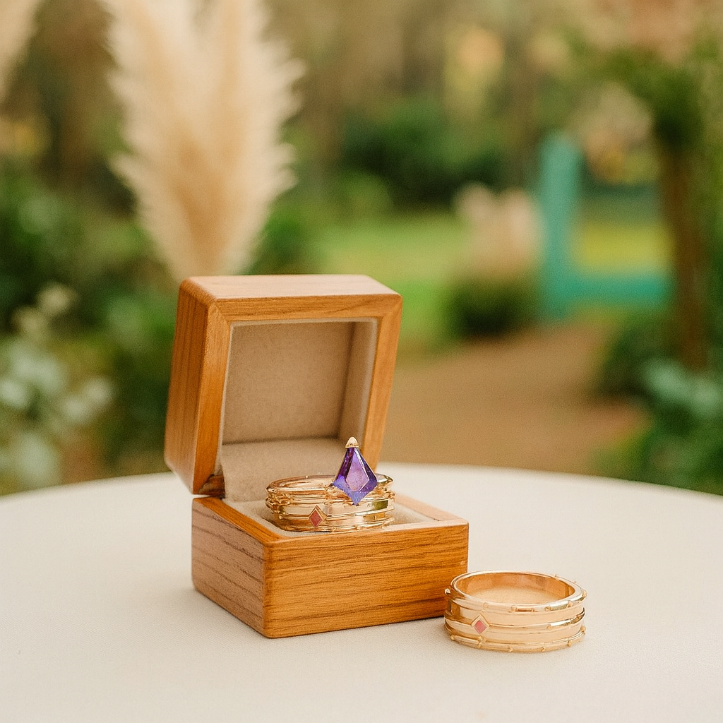 Gold ring with a purple gemstone in an open wooden box on a blurred natural background