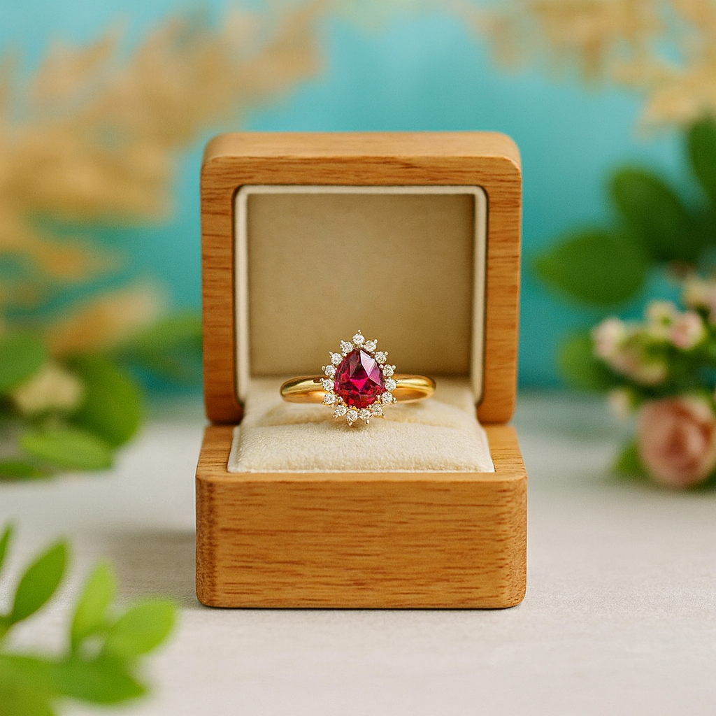 Gold ring with a red gemstone in a wooden box against a natural background