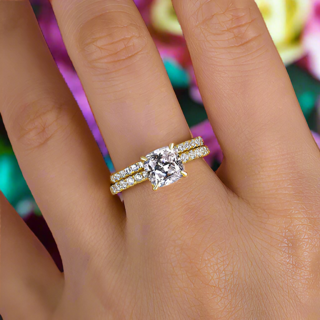 Gorgeous 1.5 ct Cushion Cut Yellow Gold Bridal Set-Evani Naomi Jewelry