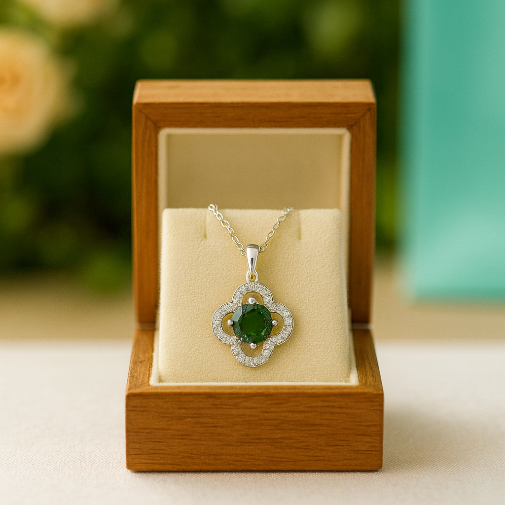 Green gemstone necklace in a wooden box with a floral background