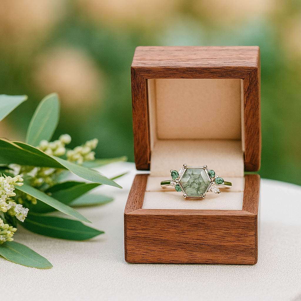 Green gemstone ring in a wooden box with greenery in the background