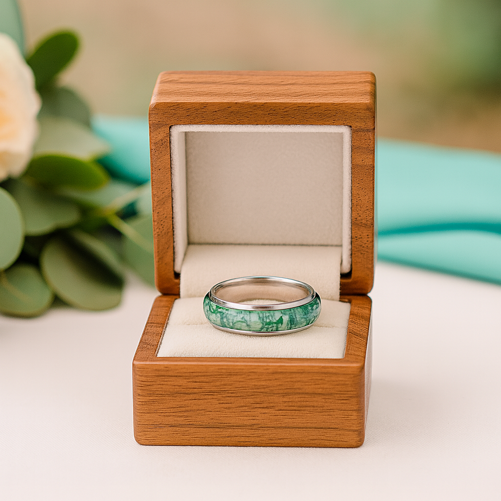 Green ring in a wooden box with a floral background