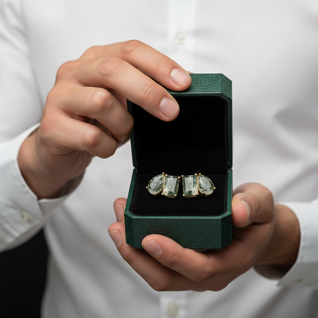 Devotion- Emerald & Pear Cut Natural Moss Agate & Moissanite Stud Earrings - Evani Naomi Jewelry