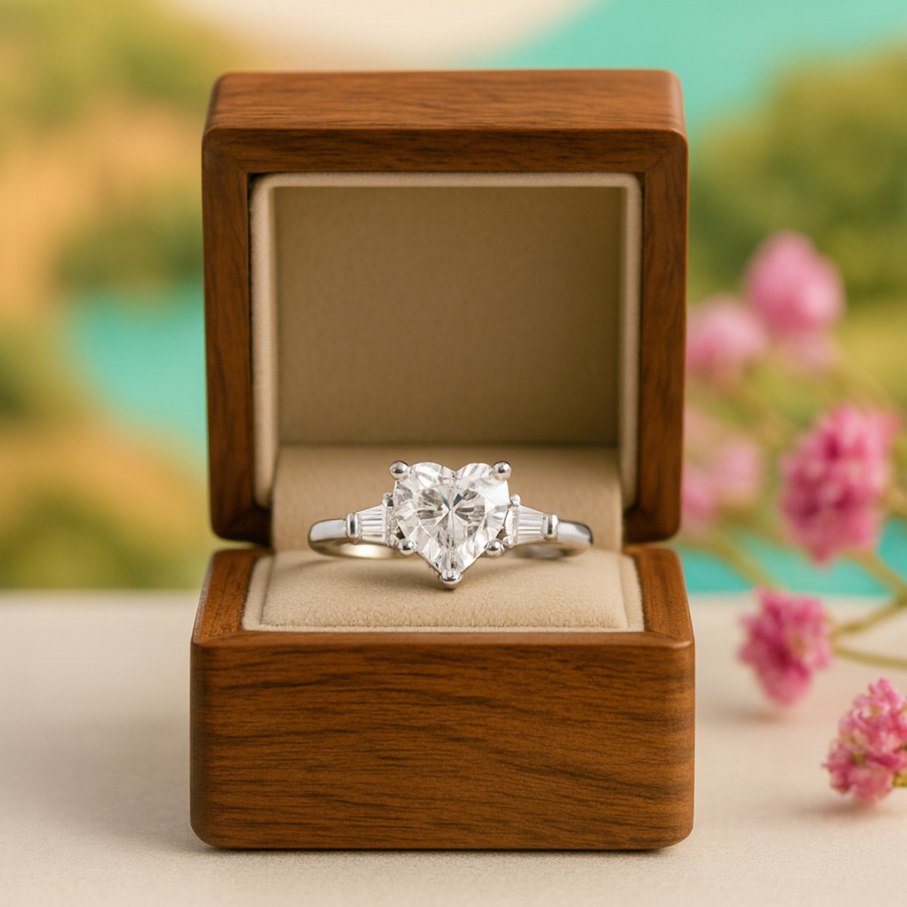 Heart-shaped diamond ring in a wooden box with a blurred floral background