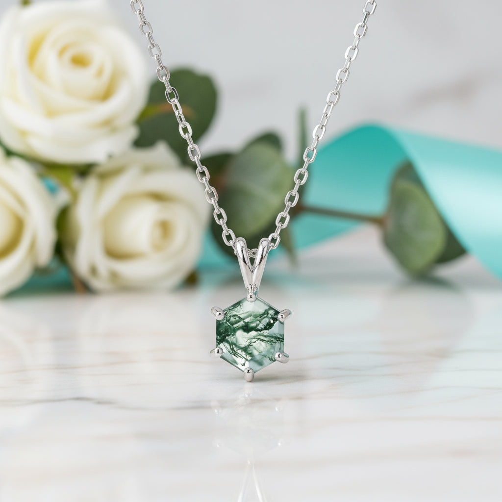 Pure Love- Brilliant Hexagon Cut Moss Agate Pendant Necklace