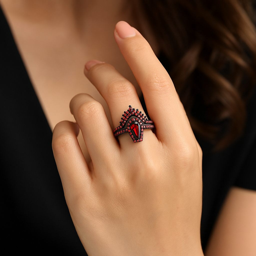 Best Love Gothic Wedding Rings in Rare Coffin Cut Ruby Birthstone - Evani Naomi Jewelry