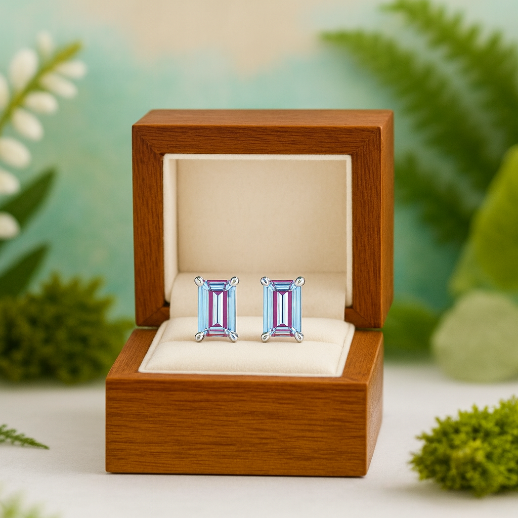Emerald Cut Alexandrite Birthstone Stud Earrings - Evani Naomi Jewelry
