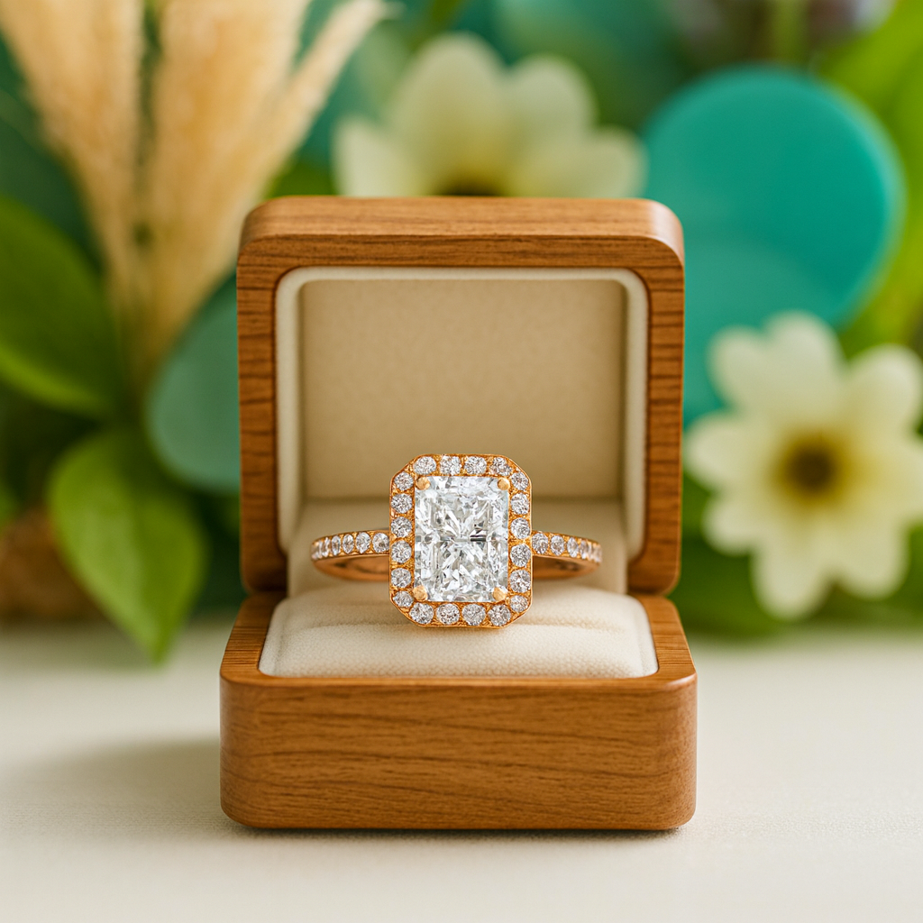 Elongated Classic Rose Gold Halo Diamond Radiant Cut Engagement Ring - Evani Naomi Jewelry