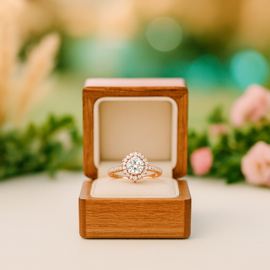 Diamond ring in a wooden box with a blurred floral background