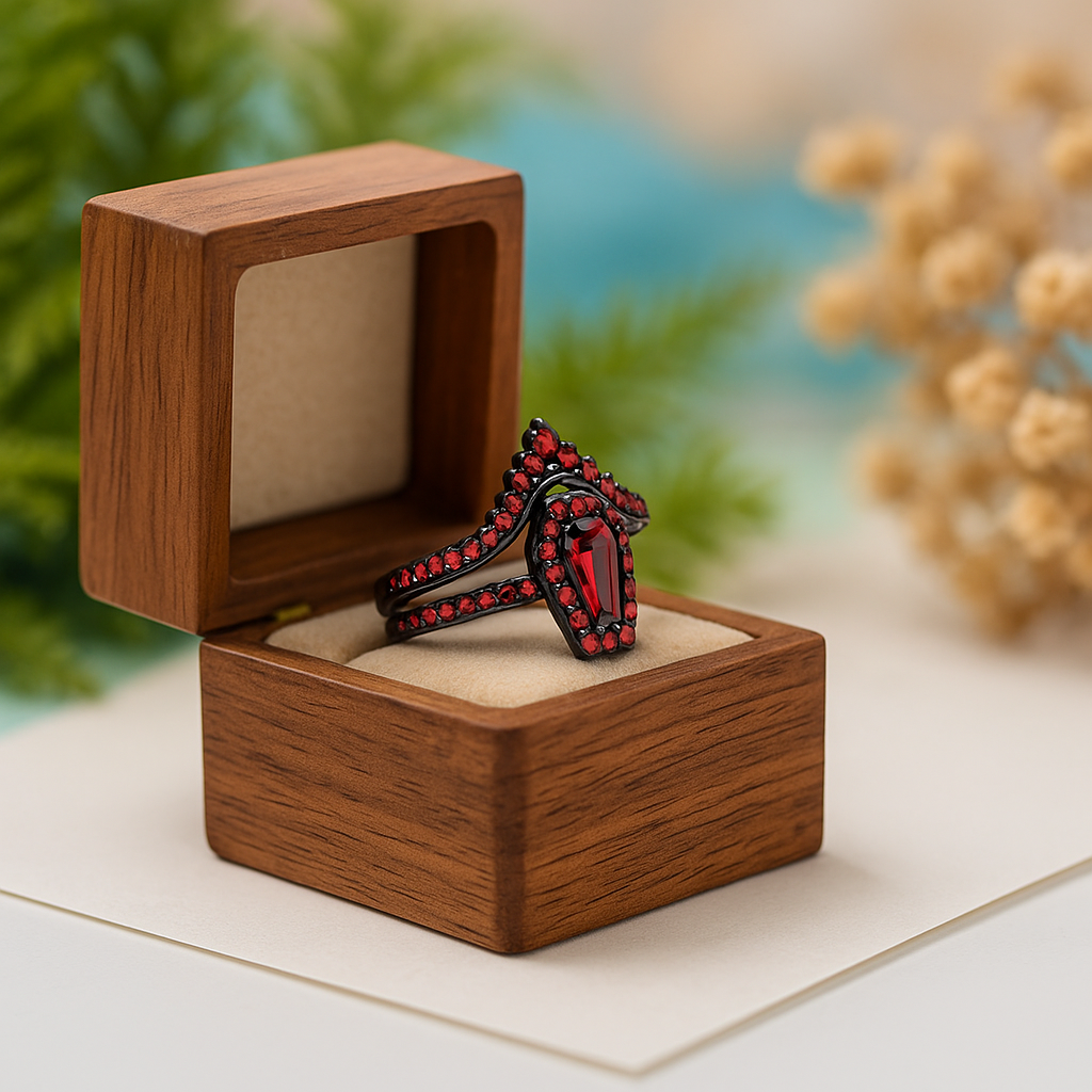 Wooden jewelry box with a red and black ring inside, on a blurred natural background.