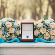 Jewelry box with a necklace featuring a blue pendant, surrounded by floral arrangements outdoors.