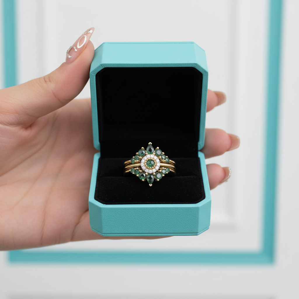 Radiant Testament- Pear Cut Three Ring Moss Agate & Natural Opal - Evani Naomi Jewelry