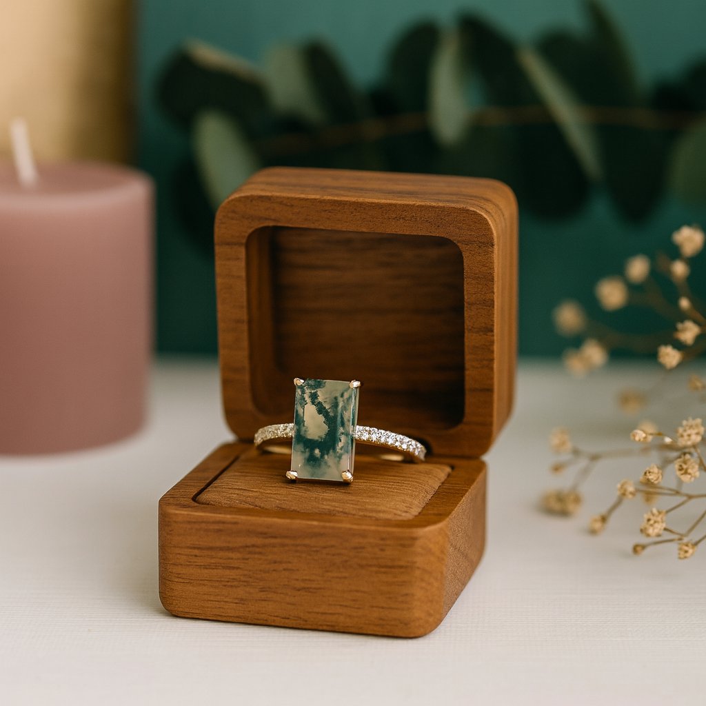 Marble ring in a wooden box with a candle and flowers in the background