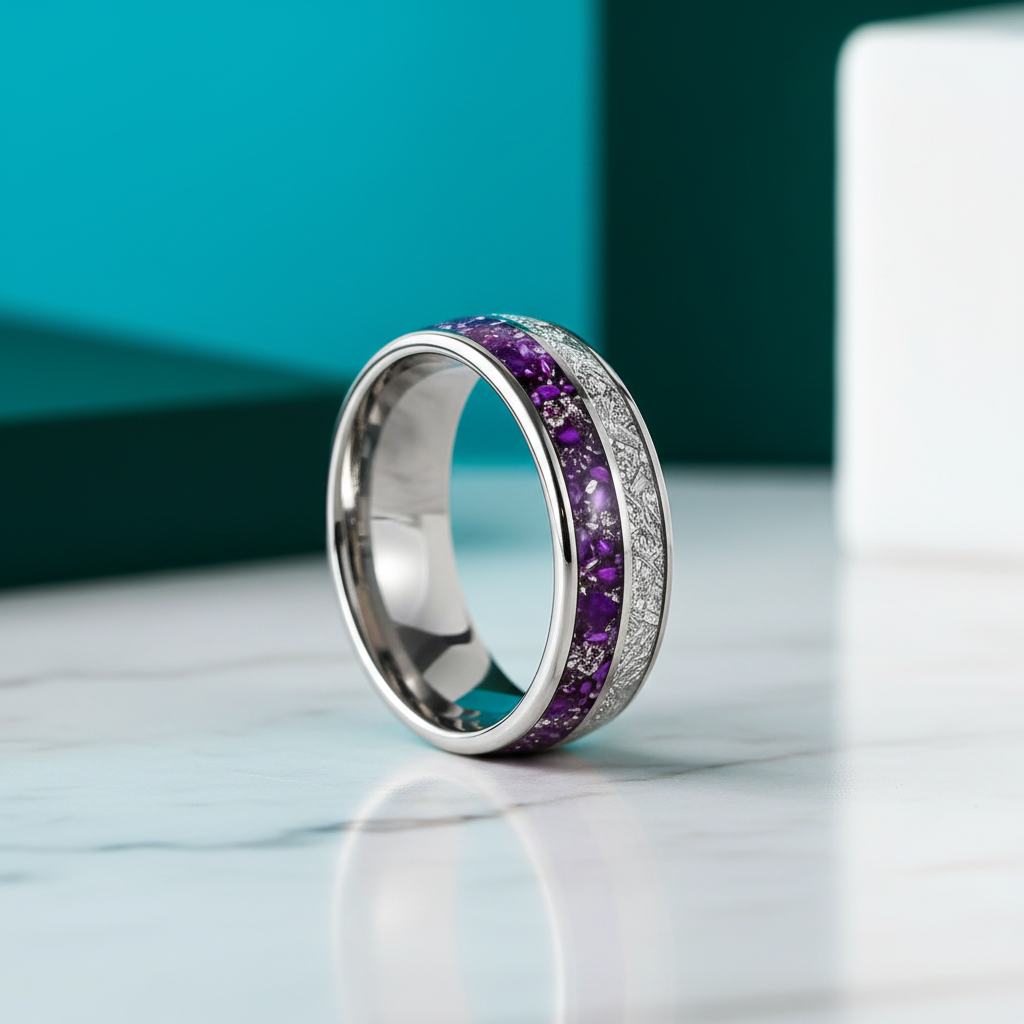 Men's Tungsten Wedding Band with Purple Agate Meteorites-Evani Jewelry