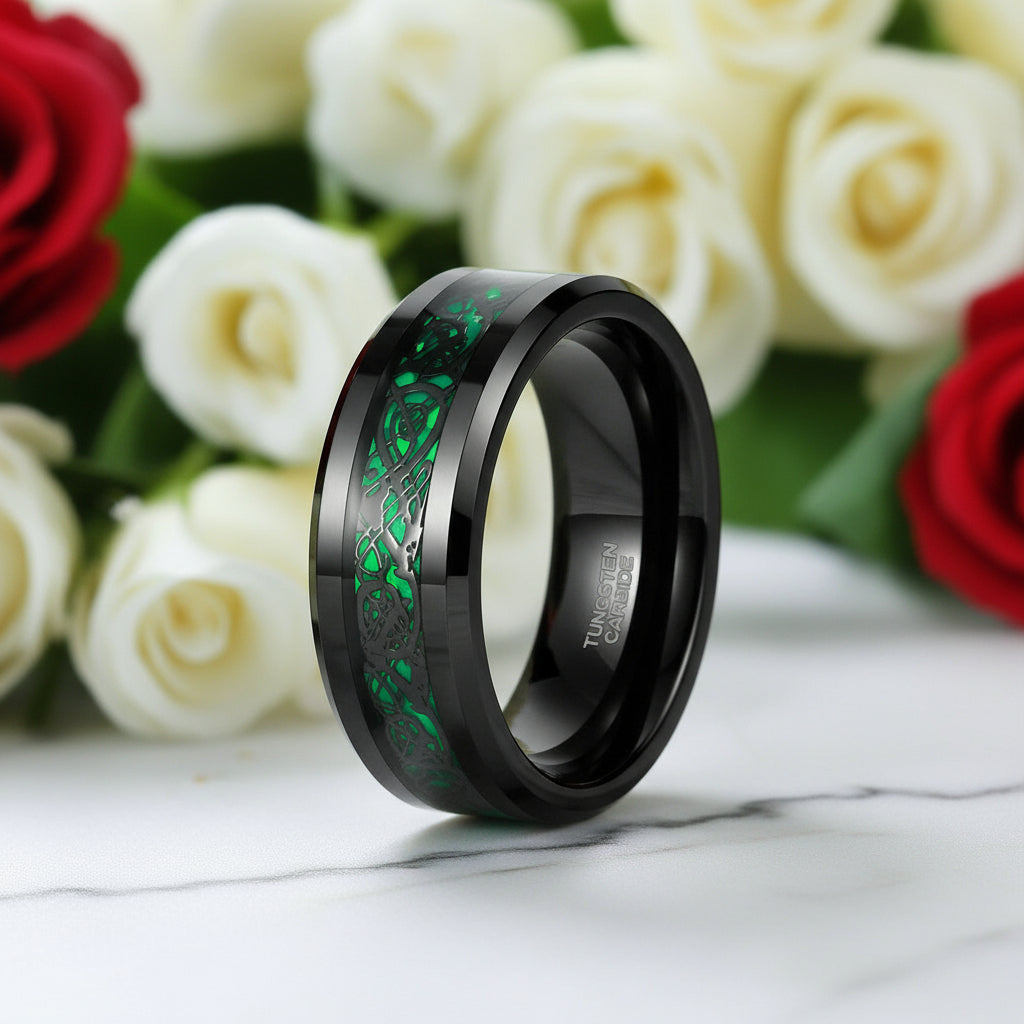 Men's Wedding Band Black Tungsten with Celtic Dragon Inlay-Evani Naomi Jewelry