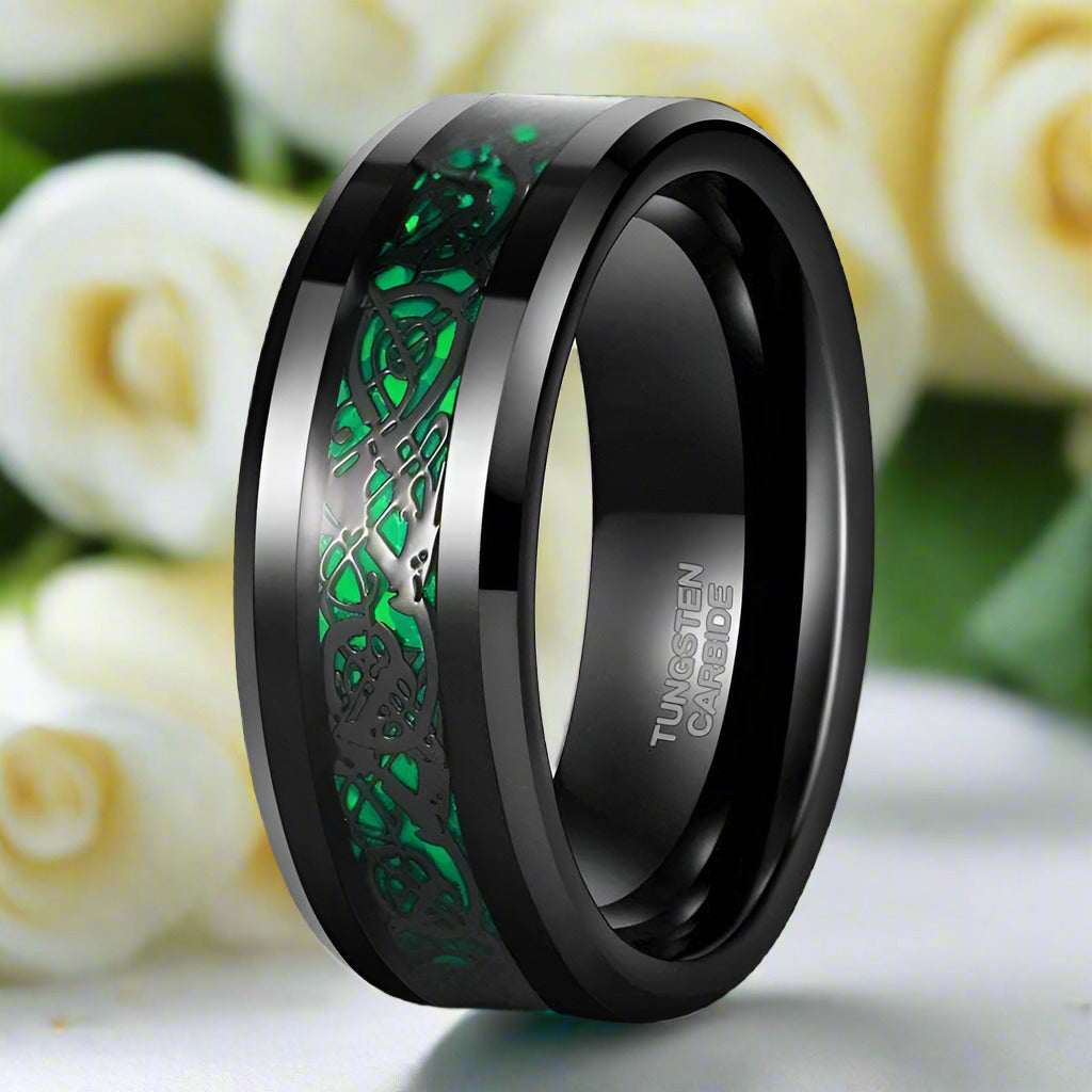 Men's Wedding Band Black Tungsten with Celtic Dragon Inlay-Evani Naomi Jewelry