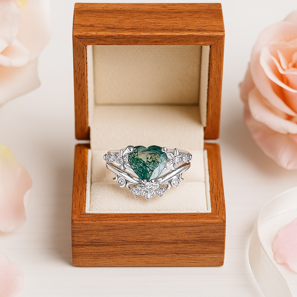 My Heart- Natural Moss Agate Wedding Ring-Evani Jewelry