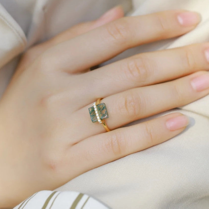 My Sanctuary- Unique Natural Moss Agate Gold Ring and Earrings-Evani Naomi Jewelry