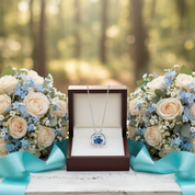 Necklace in a wooden box with two flower bouquets on a wooden surface in a forest setting