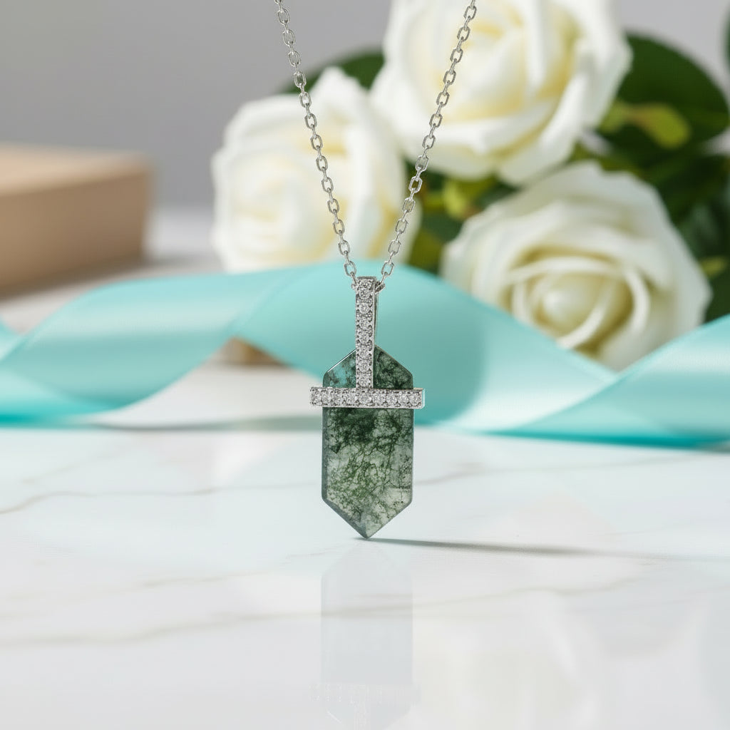 Intertwined Fates- Bullet Shaped Pendant Moss Agate Necklace