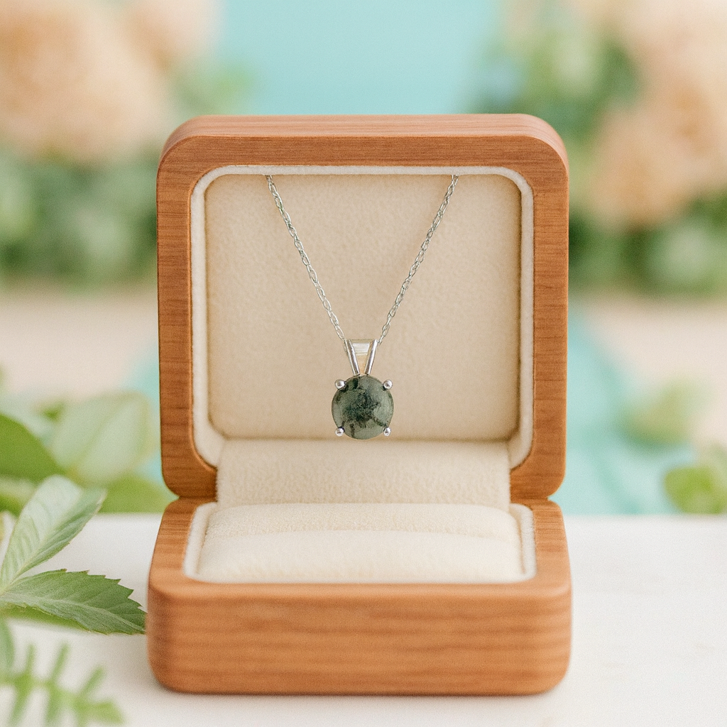 Necklace with a green stone in a wooden box against a blurred natural background