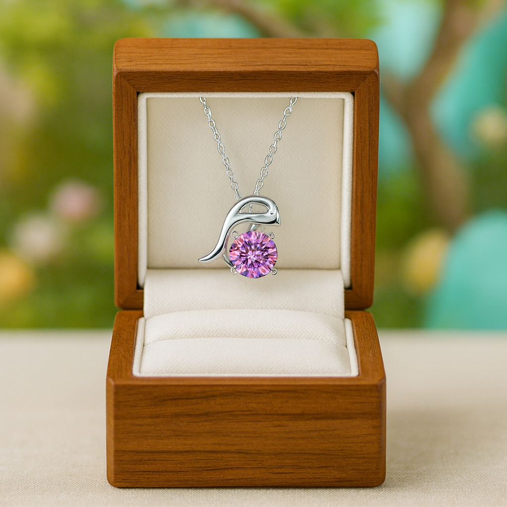 Necklace with a purple heart pendant in an open wooden box against a blurred natural background