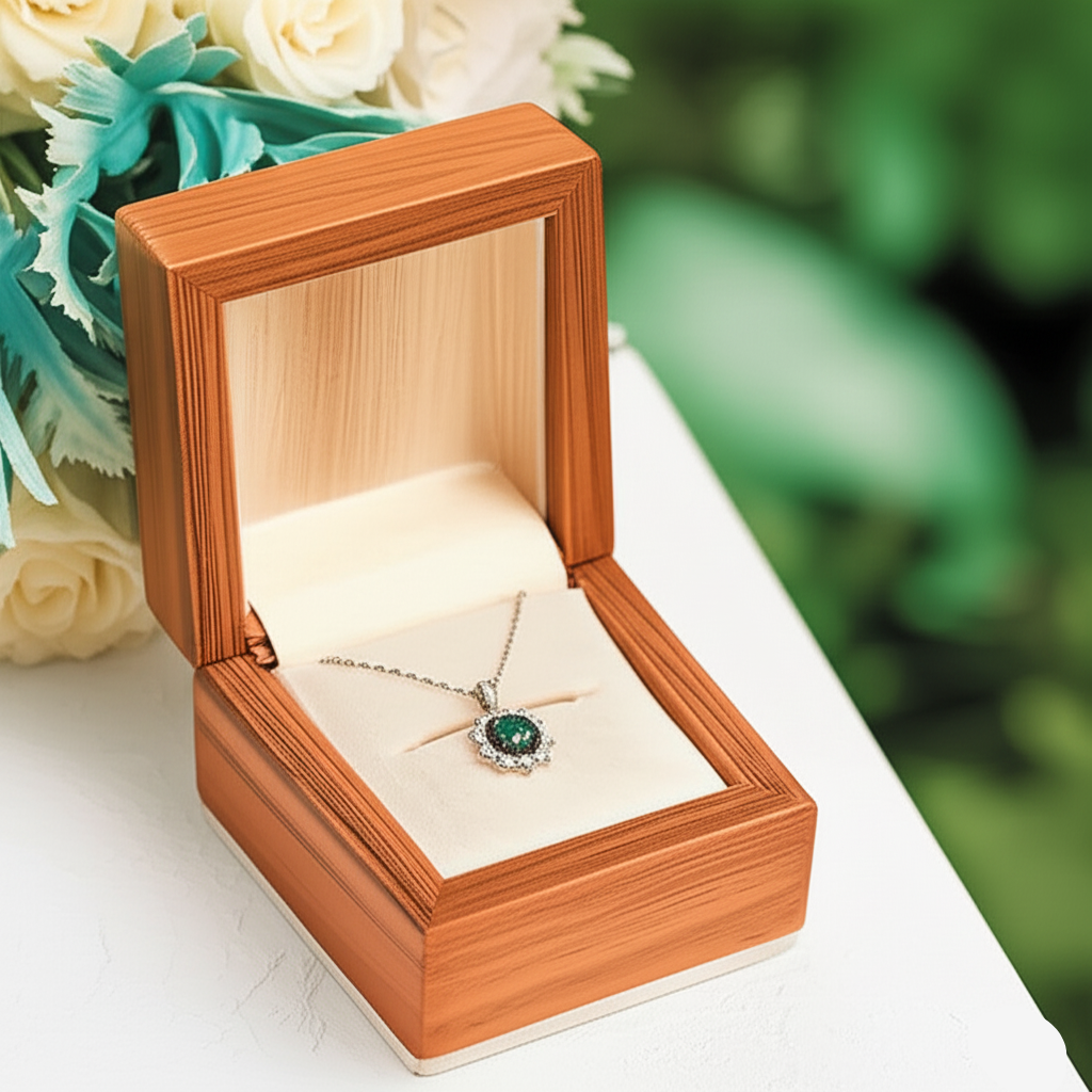 Open wooden jewelry box with a necklace featuring a green gemstone, surrounded by flowers.