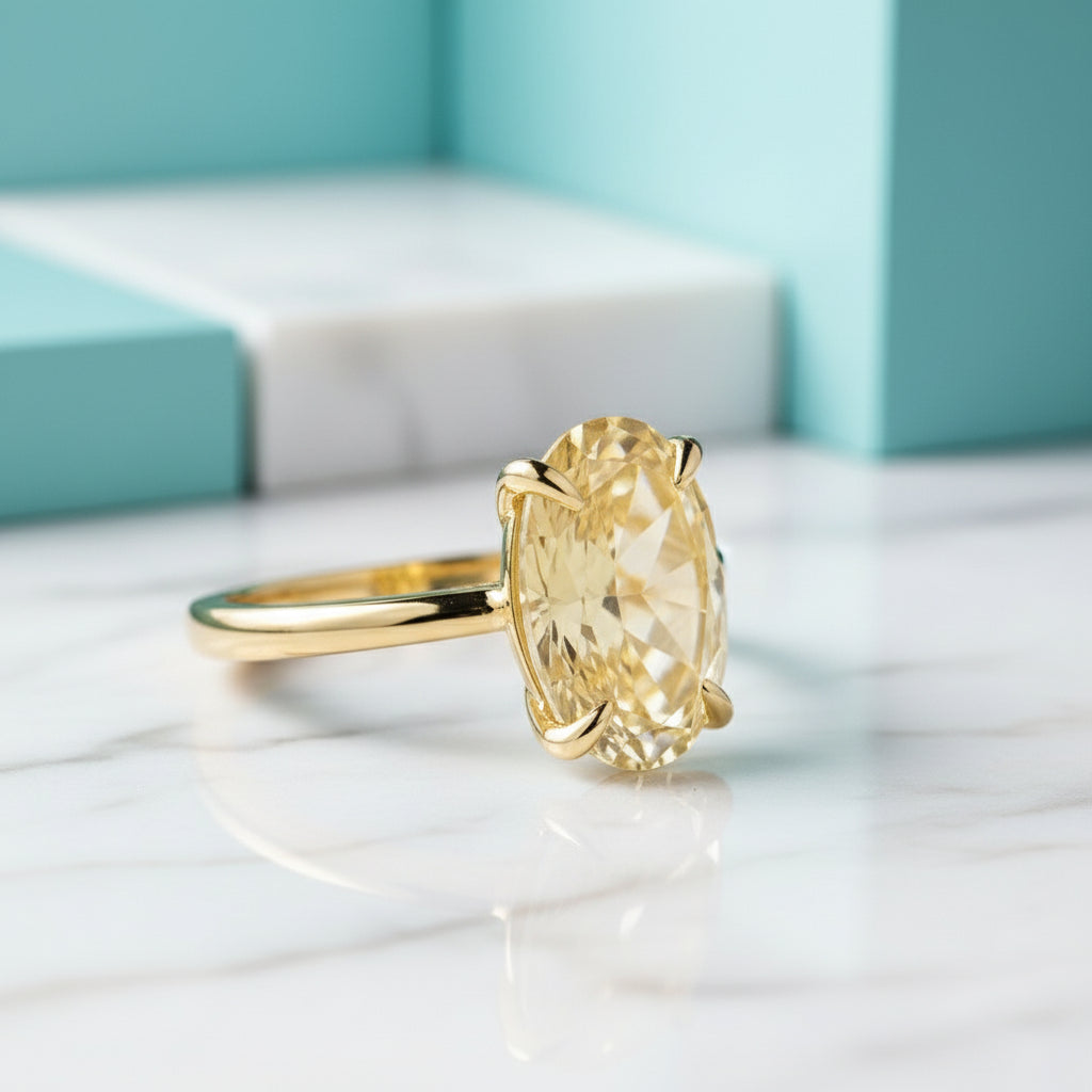 Oval Cut 3.5ct Yellow Diamond Yellow Gold Engagement Ring-Evani Jewelry