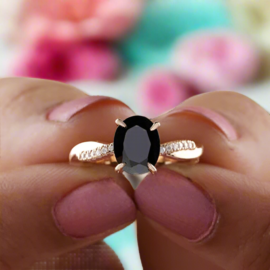 Oval Cut Black Diamond Twist Rose Gold Engagement Ring-Evani Naomi Jewelry