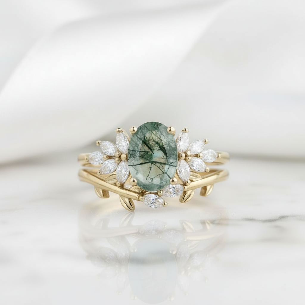 Wild and Gentle Vow- Oval Shaped Natural Moss Agate Engagement Ring - Evani Naomi Jewelry
