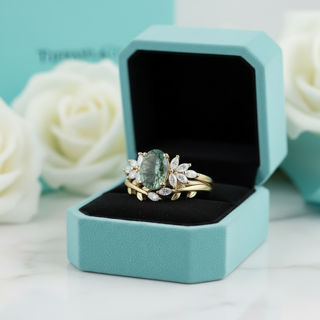 Wild and Gentle Vow- Oval Shaped Natural Moss Agate Engagement Ring - Evani Naomi Jewelry