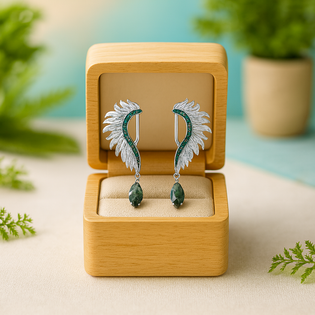 Pair of earrings in a wooden box with a natural background