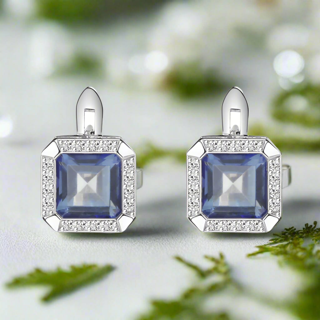 Pair of earrings with blue gemstones and silver frames on a white background