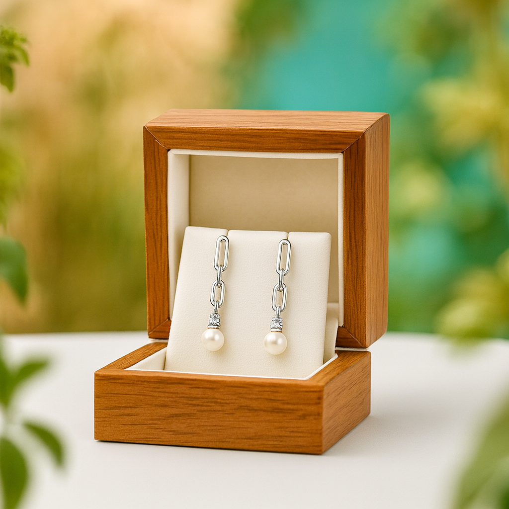Pair of pearl earrings in a wooden jewelry box with a natural background