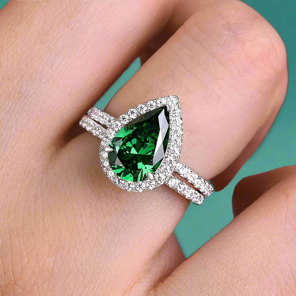 Pear Cut 2.2 ct Emerald Green Diamond Halo Bridal Ring Set-Evani Naomi Jewelry