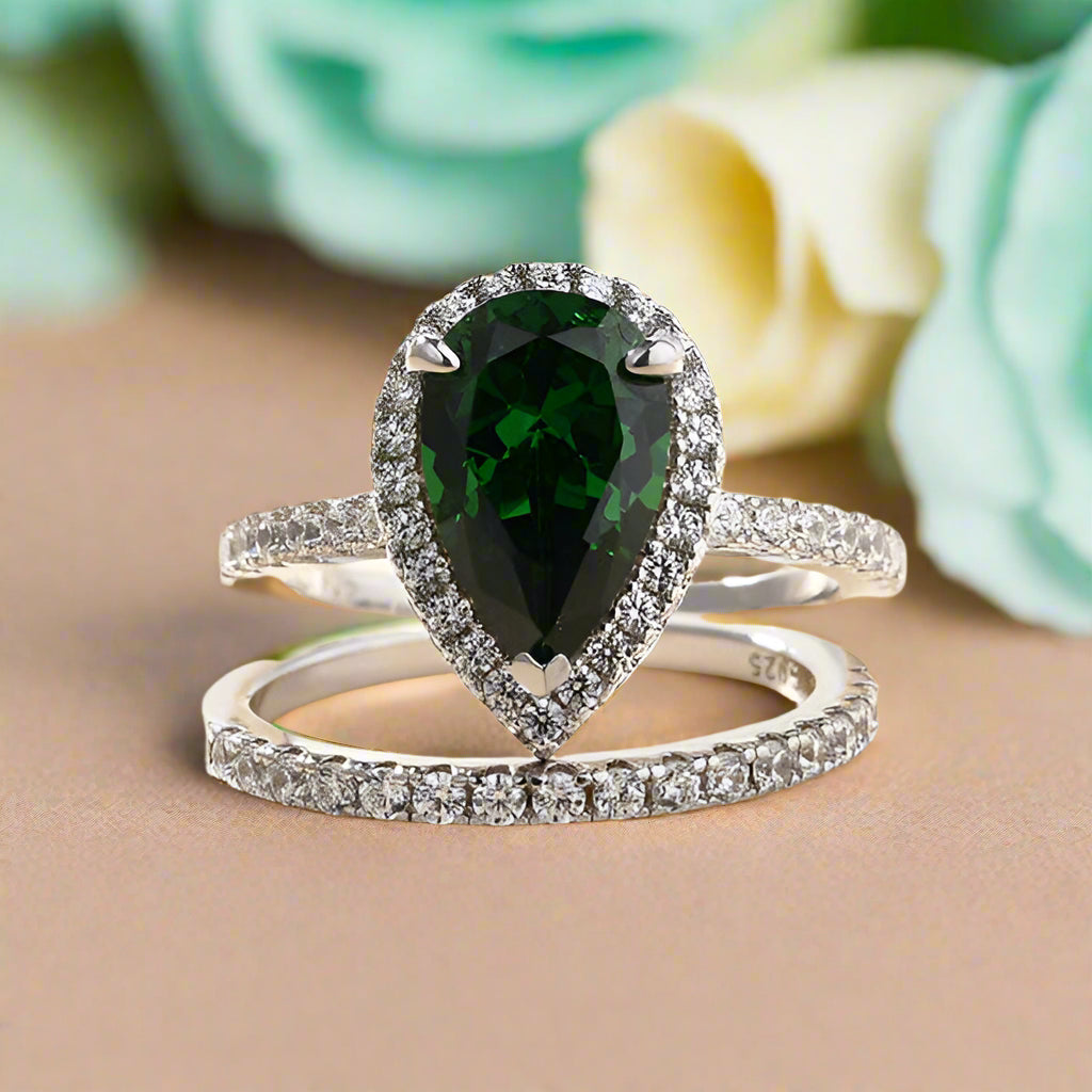 Pear Cut 2.2 ct Emerald Green Diamond Halo Bridal Ring Set-Evani Naomi Jewelry