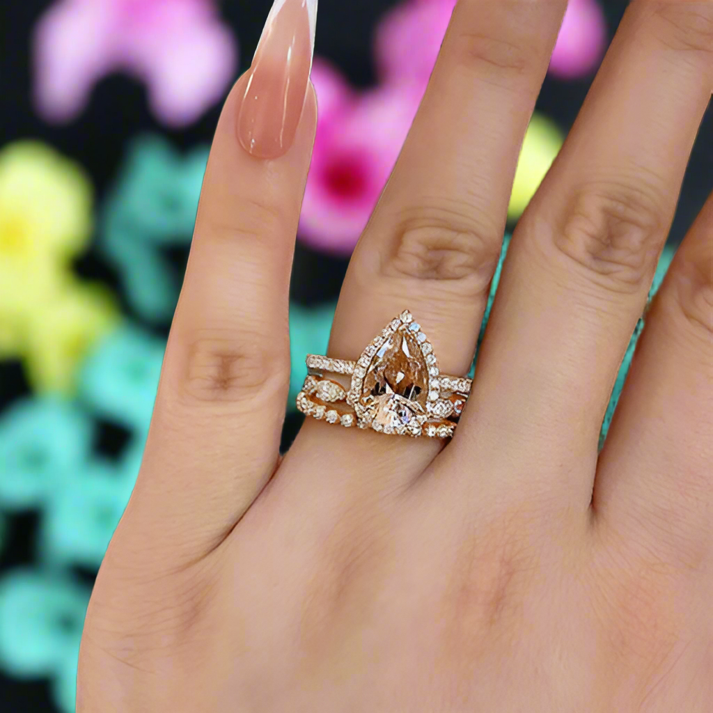Pear Cut 2.2ct Synthetic Morganite 3 Pieces Bridal Set-Evani Naomi Jewelry