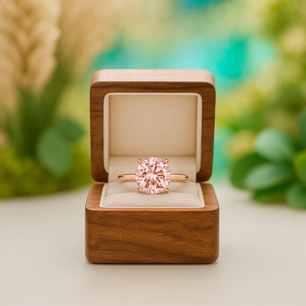 Pink diamond ring in a wooden box with a blurred green background