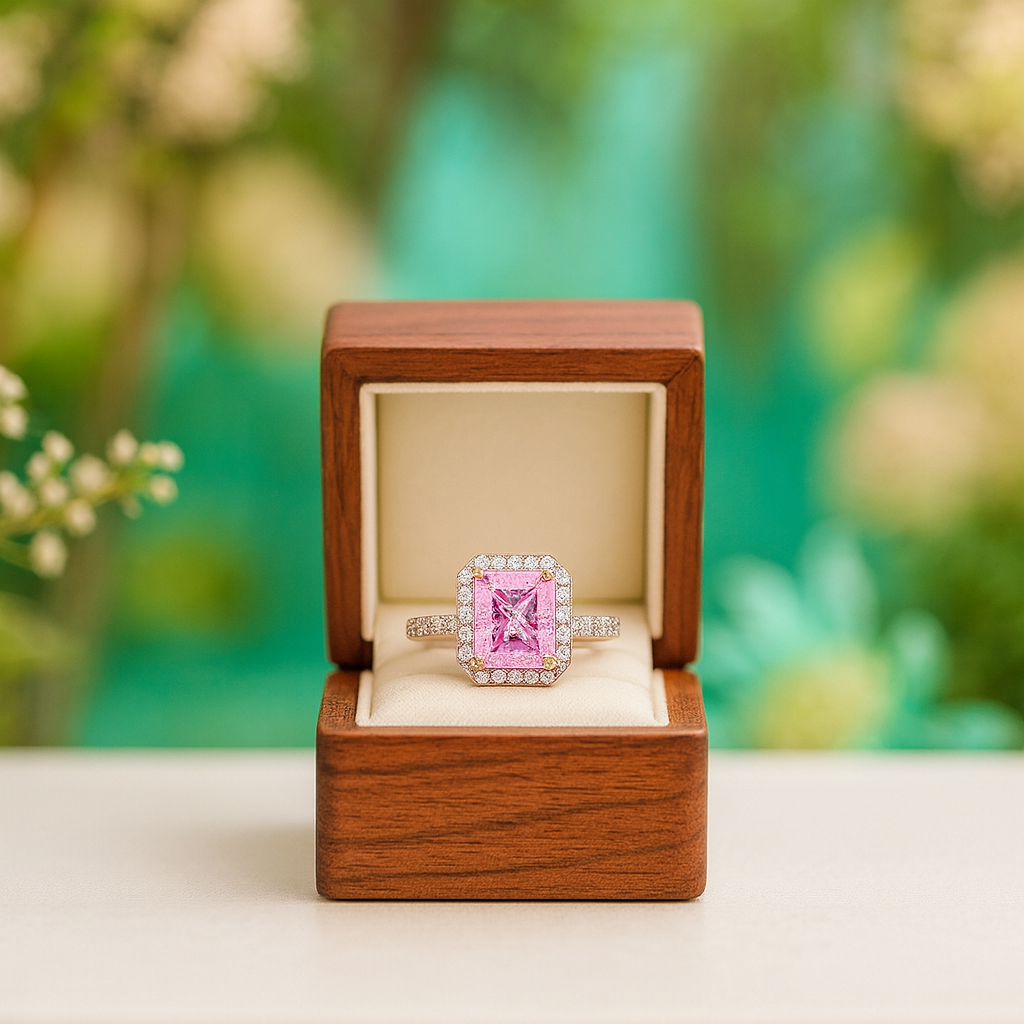 Pink gemstone ring in a wooden box with a blurred green background