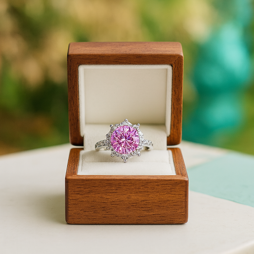 Pink gemstone ring in a wooden box with a blurred natural background
