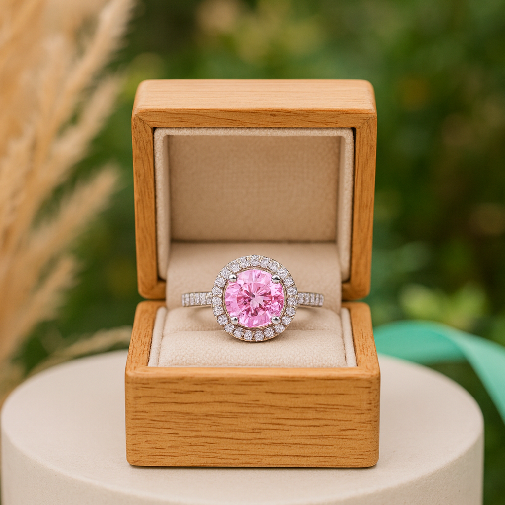 Pink gemstone ring in a wooden box with a natural background