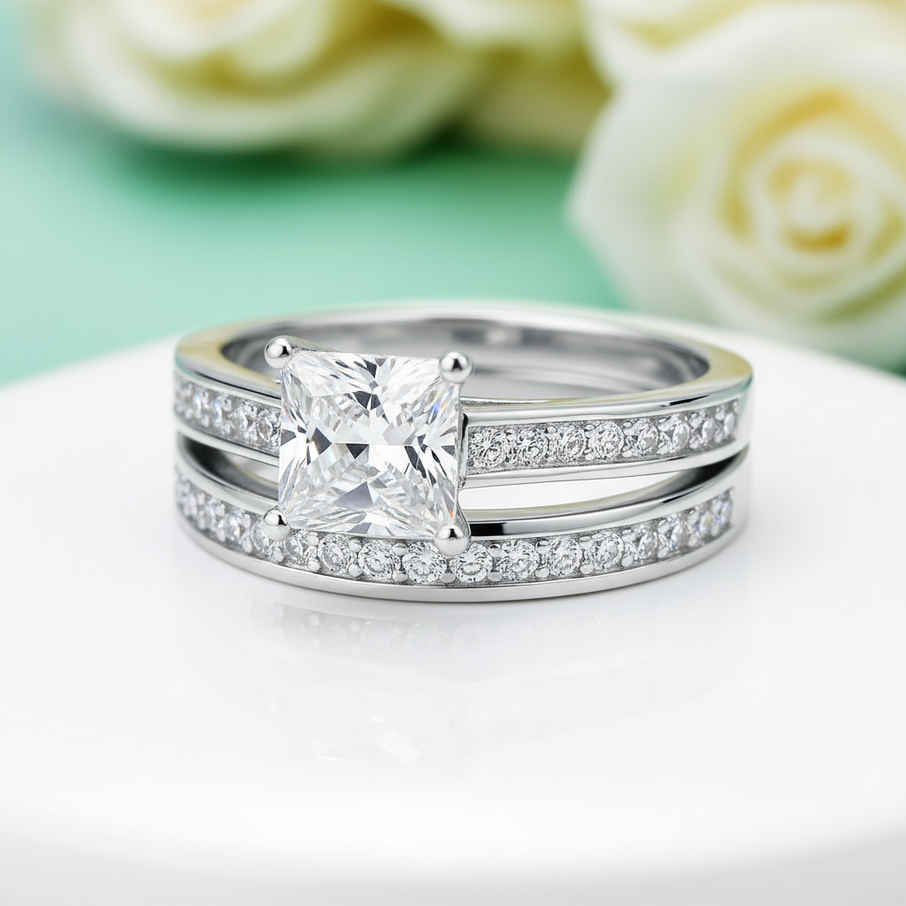 Princess-cut 1.5 ct Diamond Wedding Ring Set-Evani Jewelry