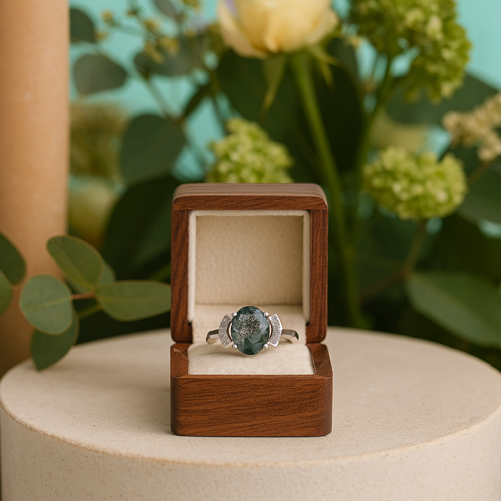 Ring in a wooden box with a floral background