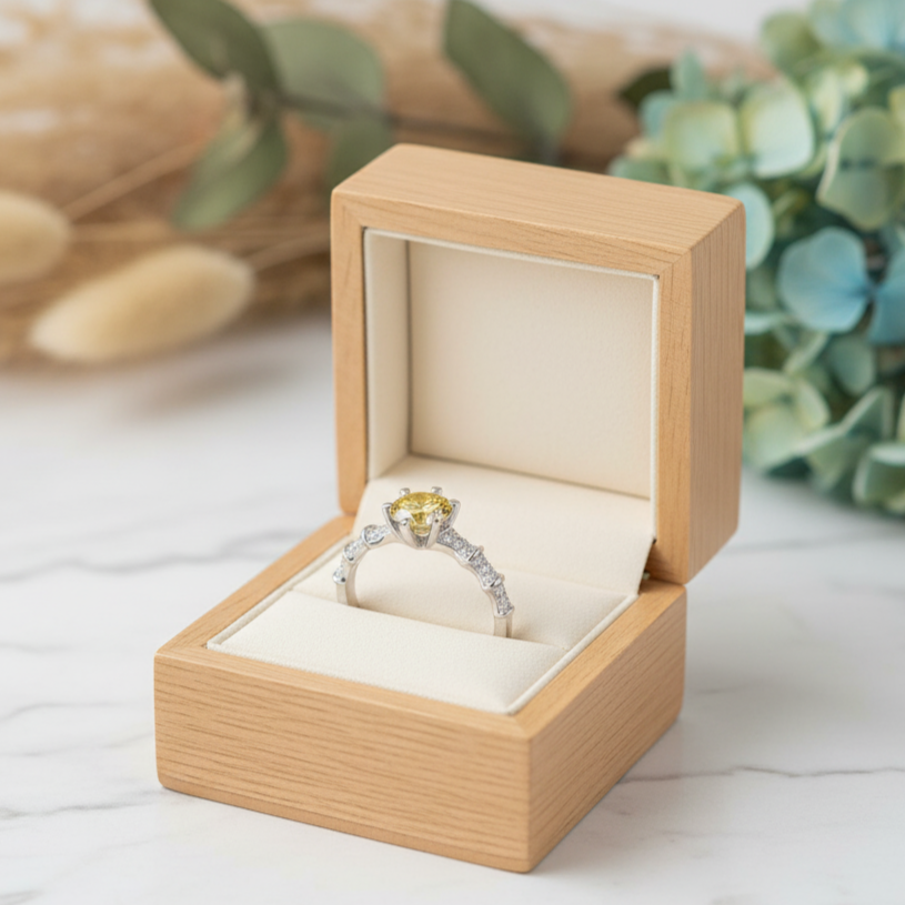 Ring in a wooden box with a natural background