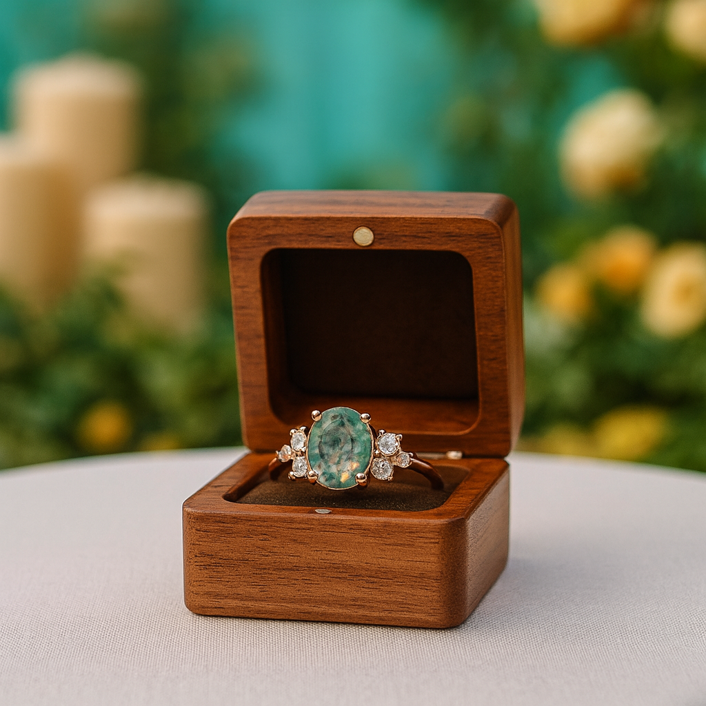 Ring with a green gemstone in a wooden box on a blurred natural background