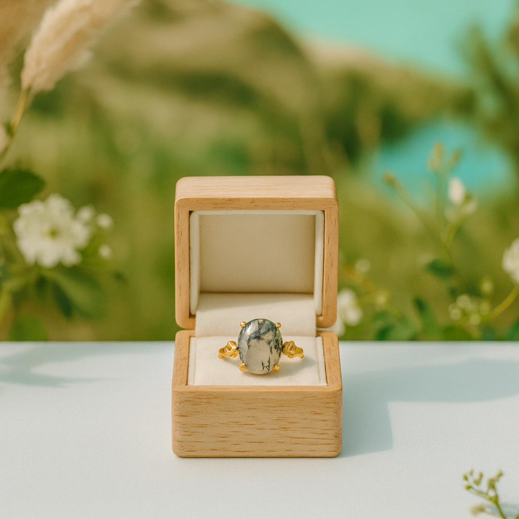 Ring with a green stone in a wooden box against a natural background