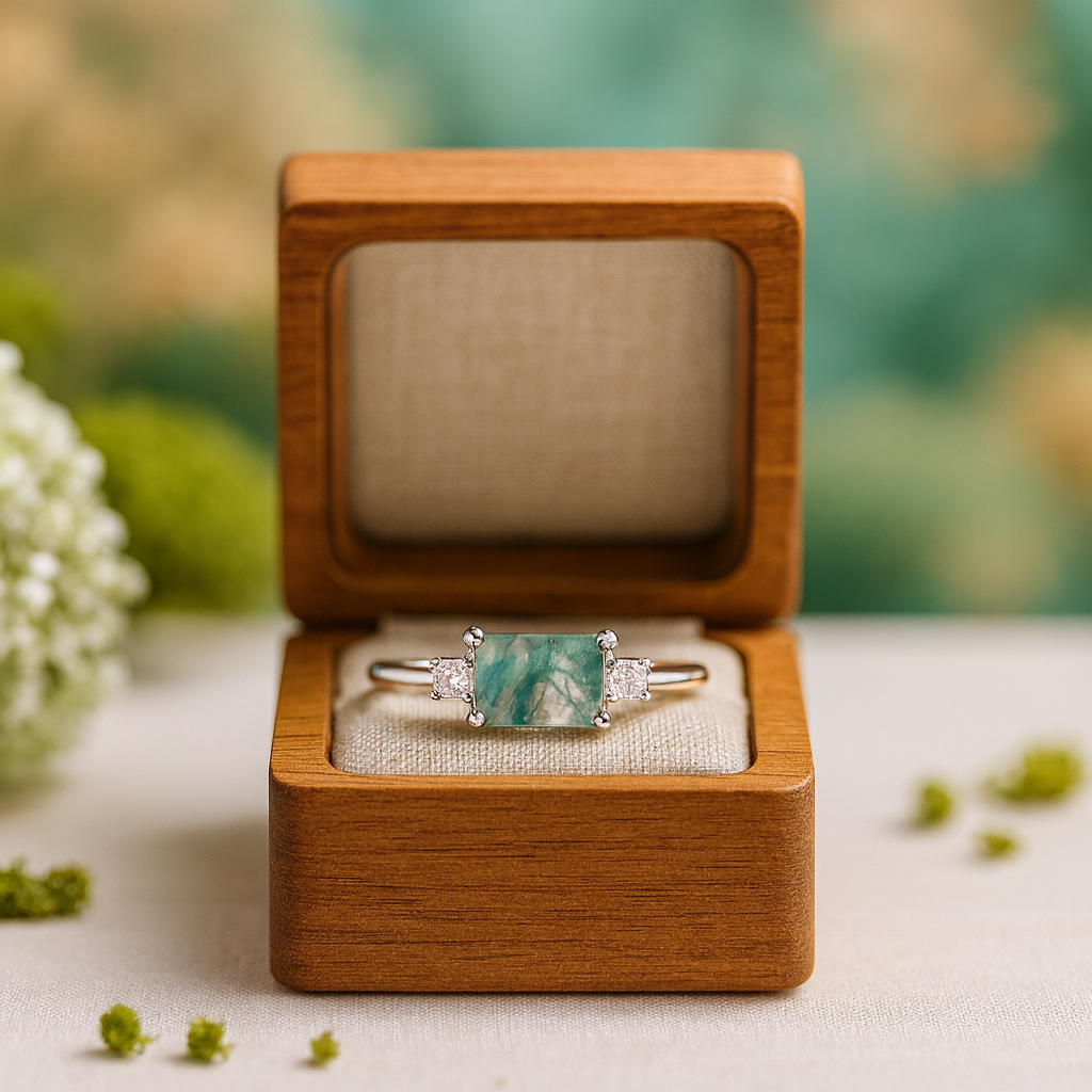 Ring with a green stone in a wooden box on a natural background