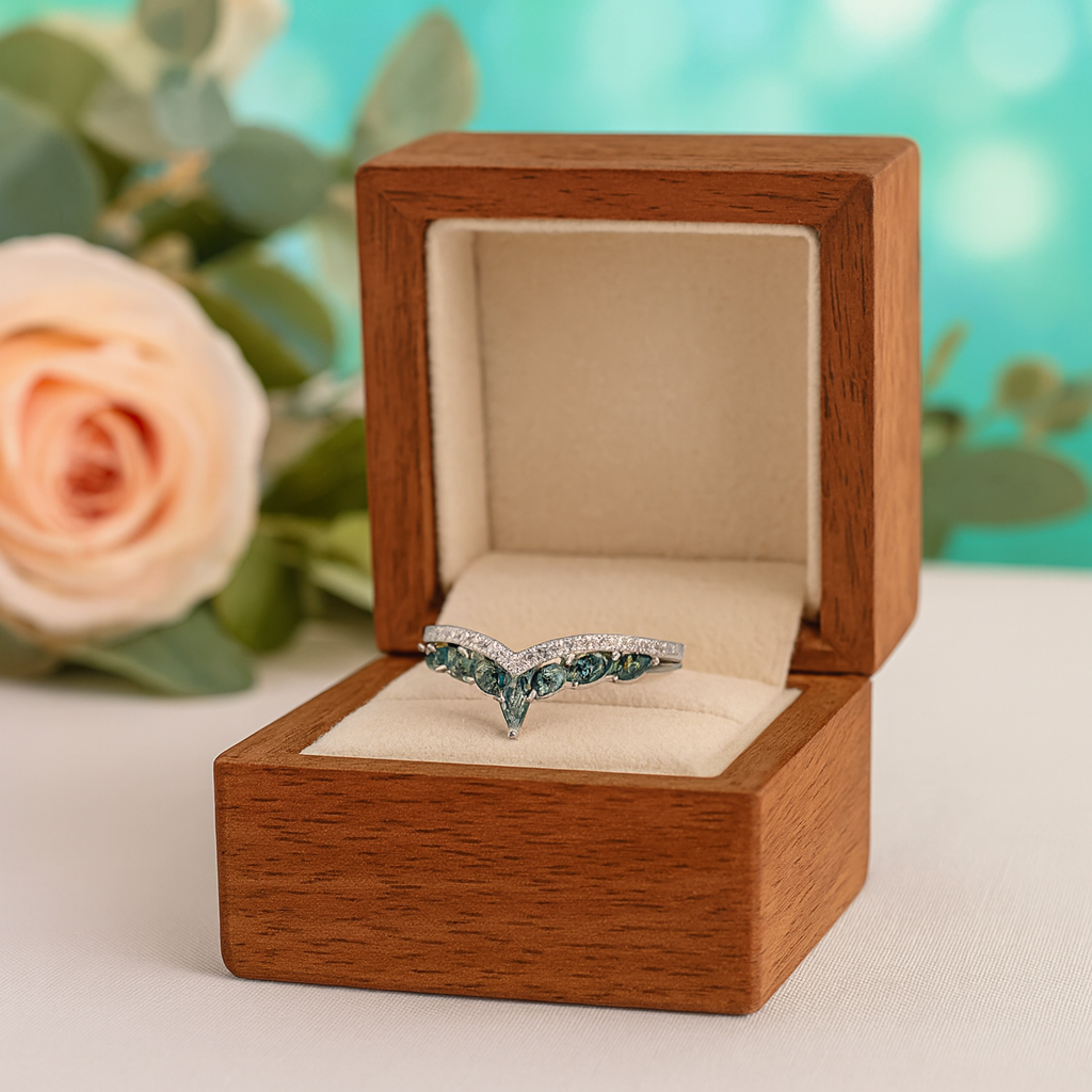 Ring with emerald stones in a wooden box with a blurred floral background